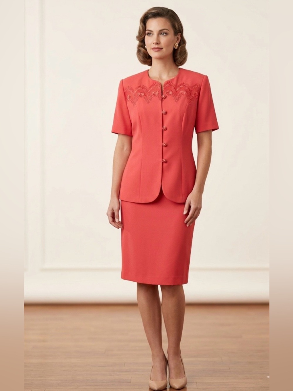 Vintage 2 Piece Skirt Suit 1980s Embroidered Coral Color Size 14P USA